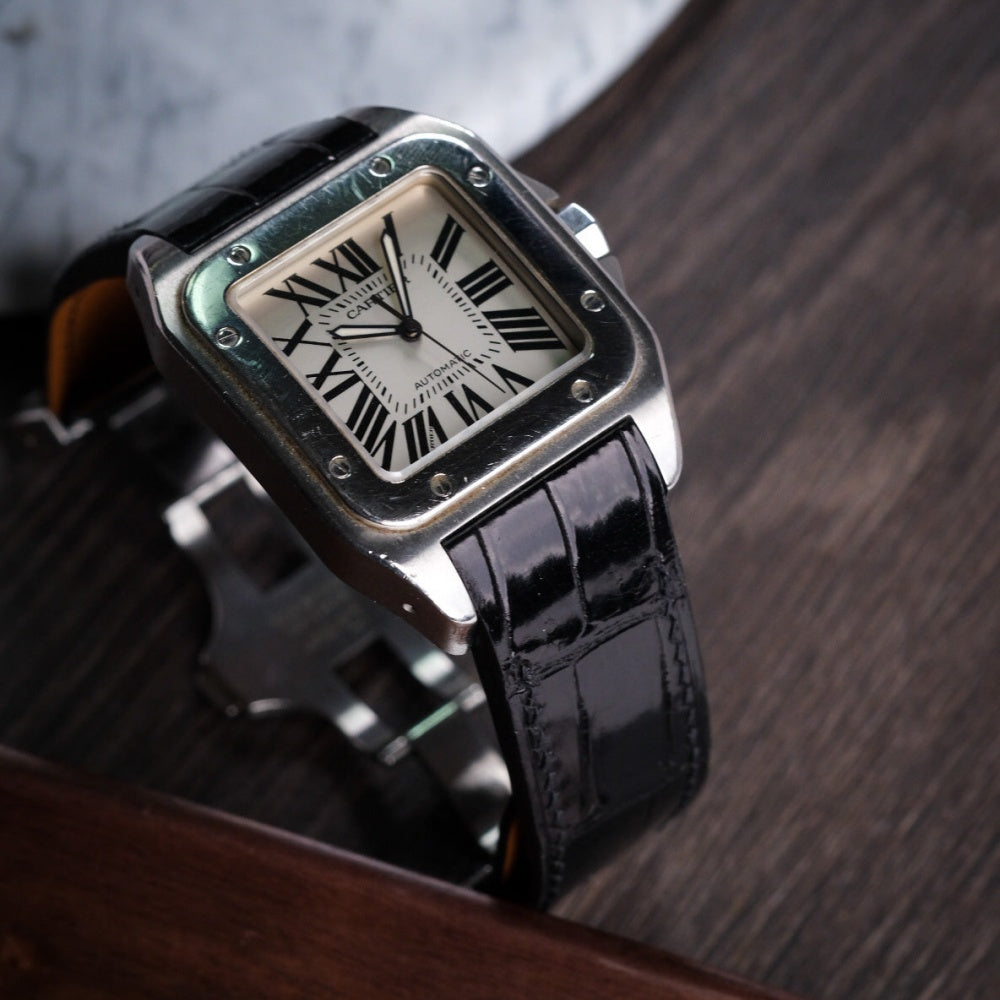 Alligator Leather Strap for Cartier Santos 100 Push Button Clasp