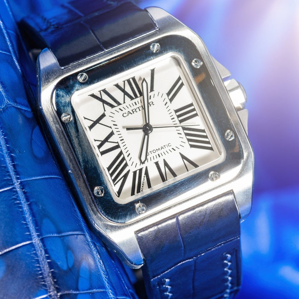 Alligator Leather Strap for Cartier Santos 100 Push Button Clasp