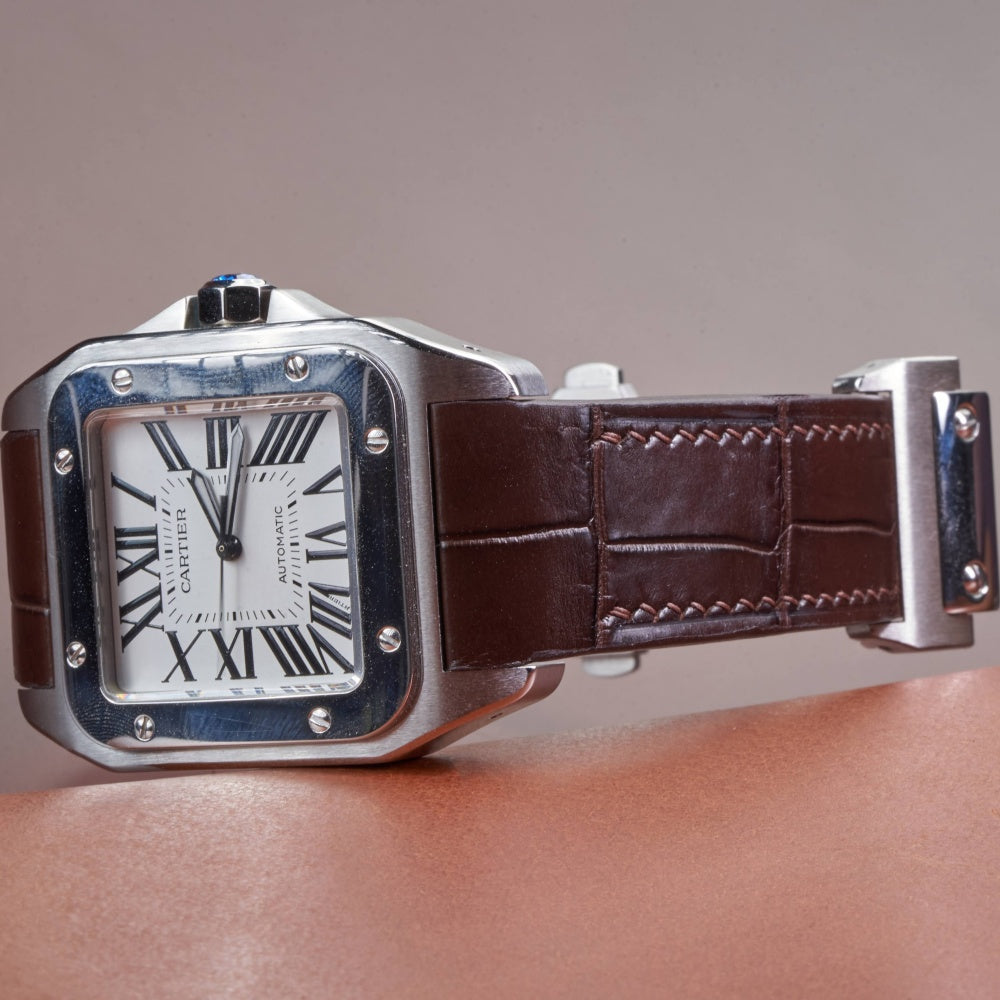 Alligator Leather Strap for Cartier Santos 100 Push Button Clasp