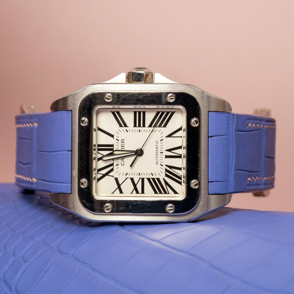 Alligator Leather Strap for Cartier Santos 100 Push Button Clasp