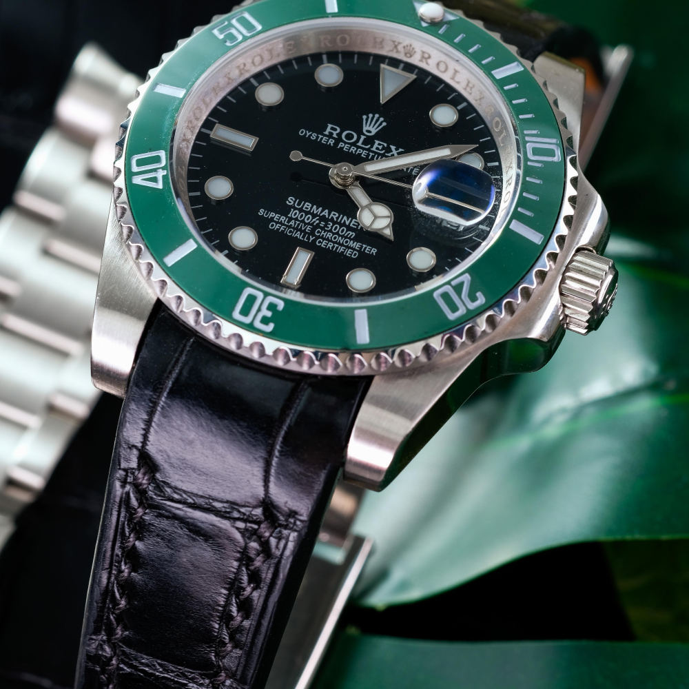 Alligator Leather Strap for Rolex Submariner Deployant Clasp
