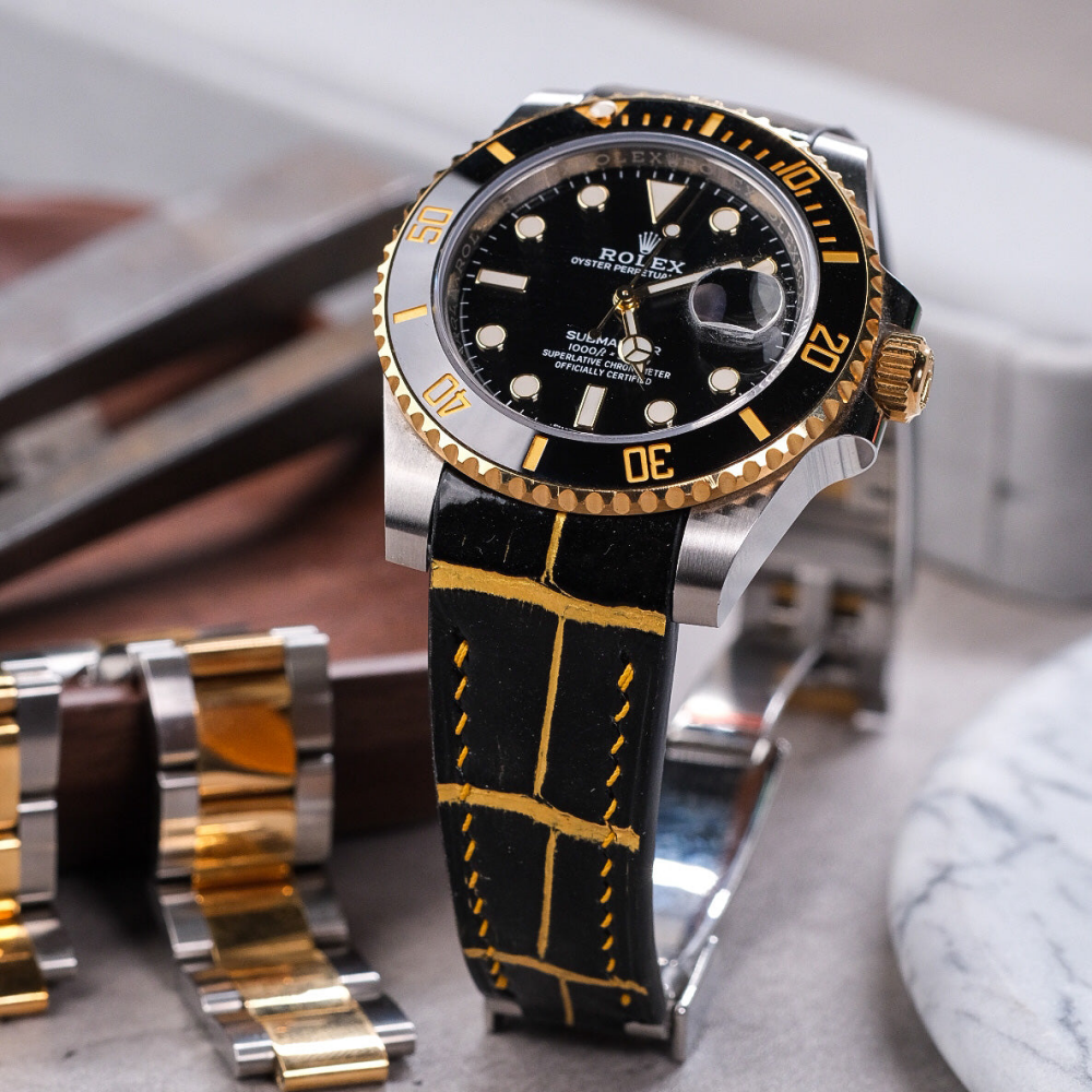 Alligator Leather Strap for Rolex Submariner Deployant Clasp