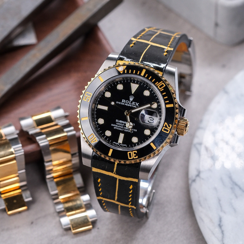 Alligator Leather Strap for Rolex Submariner Deployant Clasp