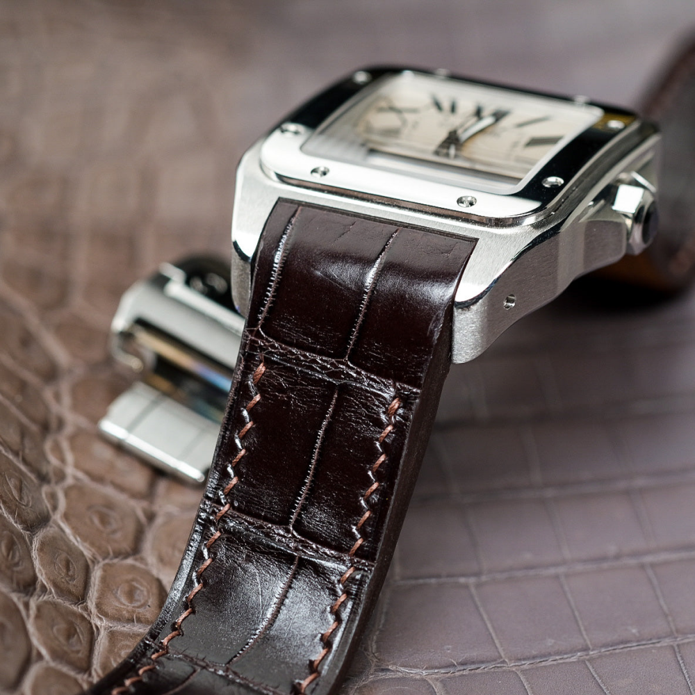Alligator Leather Strap for Cartier Santos 100 Push Button Clasp