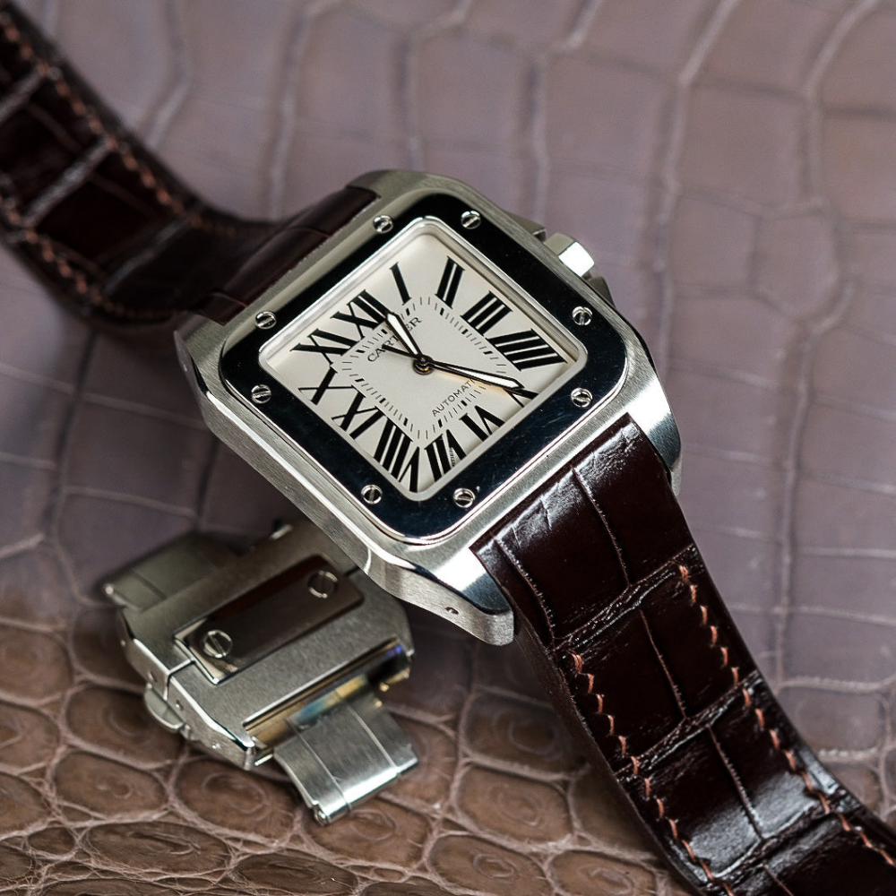 Alligator Leather Strap for Cartier Santos 100 Push Button Clasp