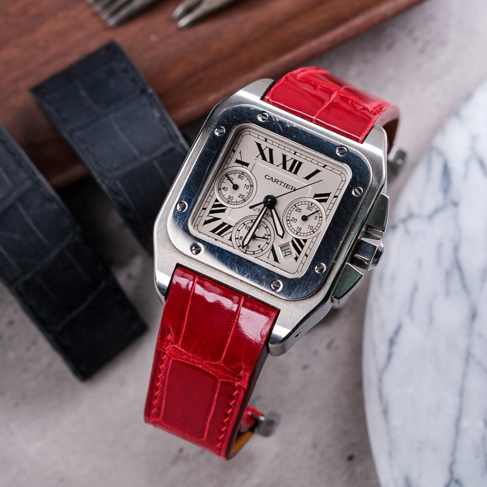 Alligator Leather Strap for Cartier Santos 100 Push Button Clasp