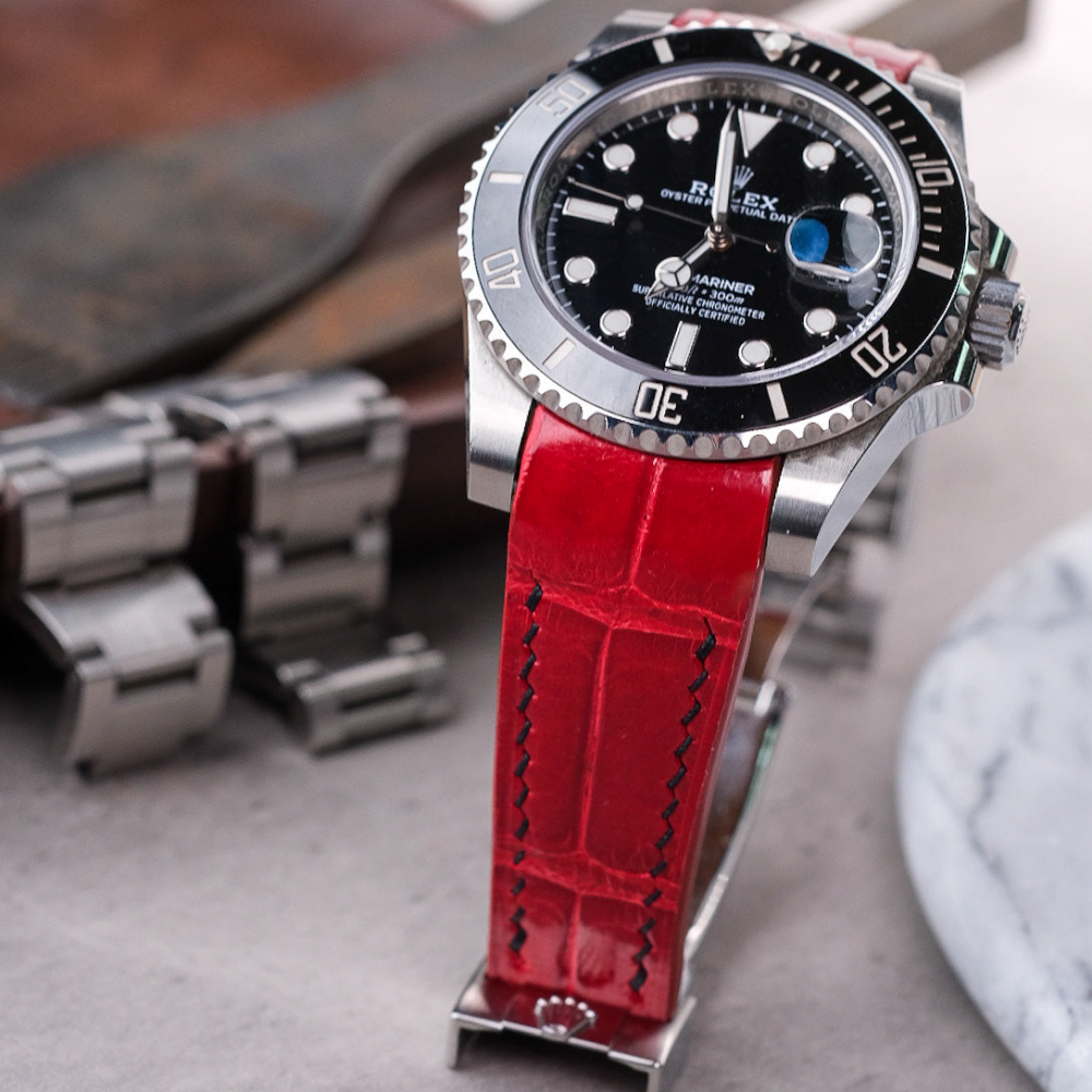 Alligator Leather Strap for Rolex Submariner Deployant Clasp