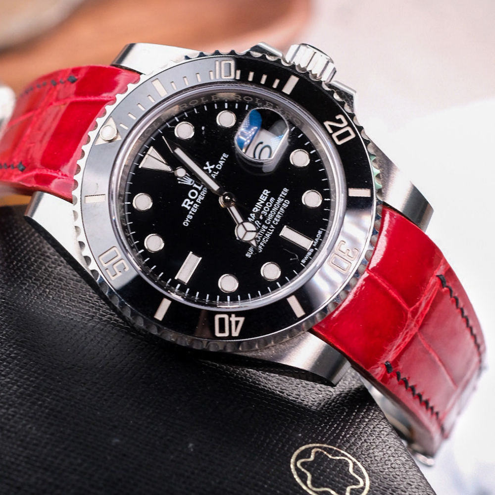Alligator Leather Strap for Rolex Submariner Deployant Clasp