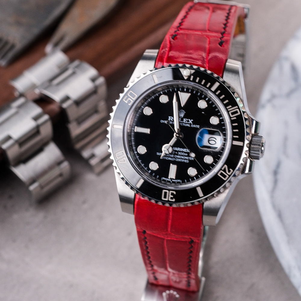 Alligator Leather Strap for Rolex Submariner Deployant Clasp
