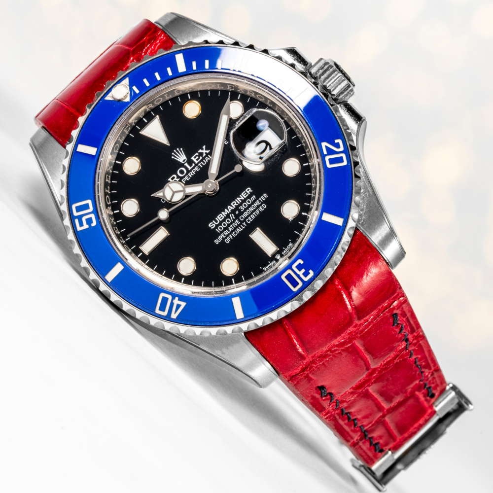 Alligator Leather Strap for Rolex Submariner Deployant Clasp