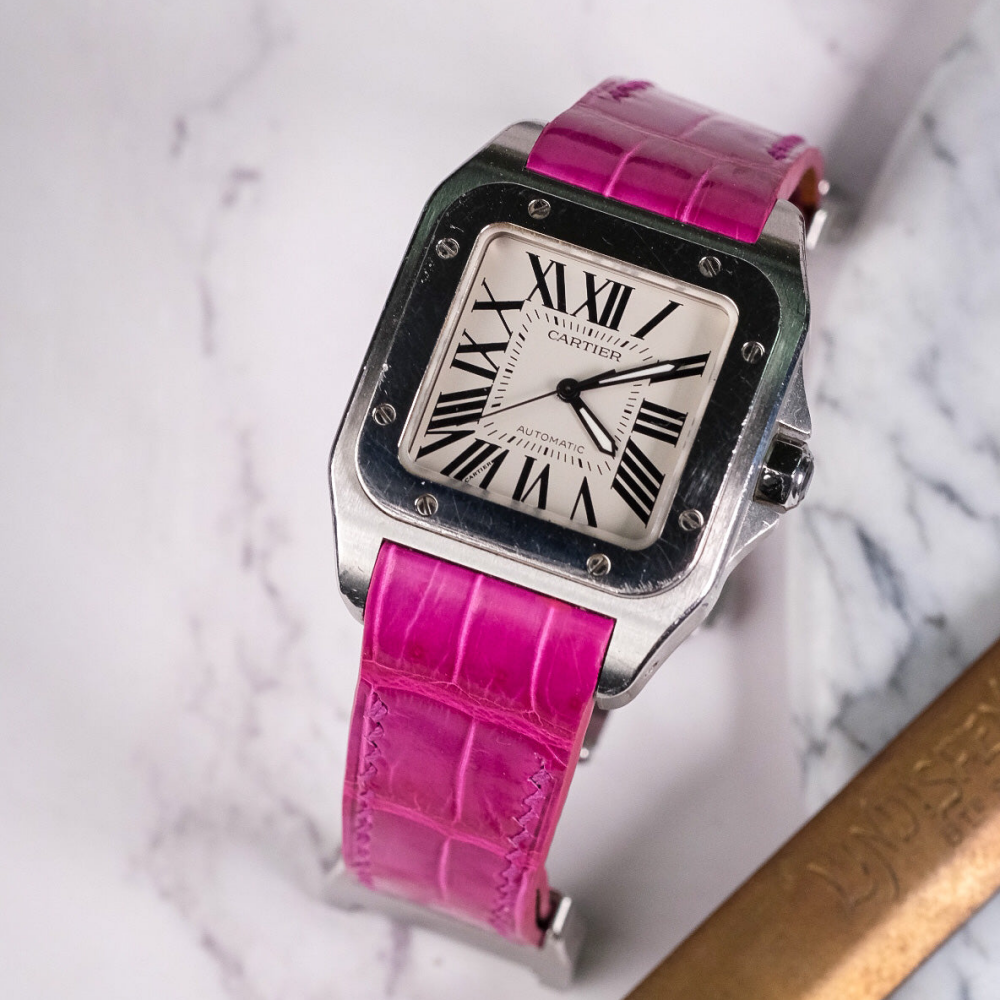 Alligator Leather Strap for Cartier Santos 100 Push Button Clasp