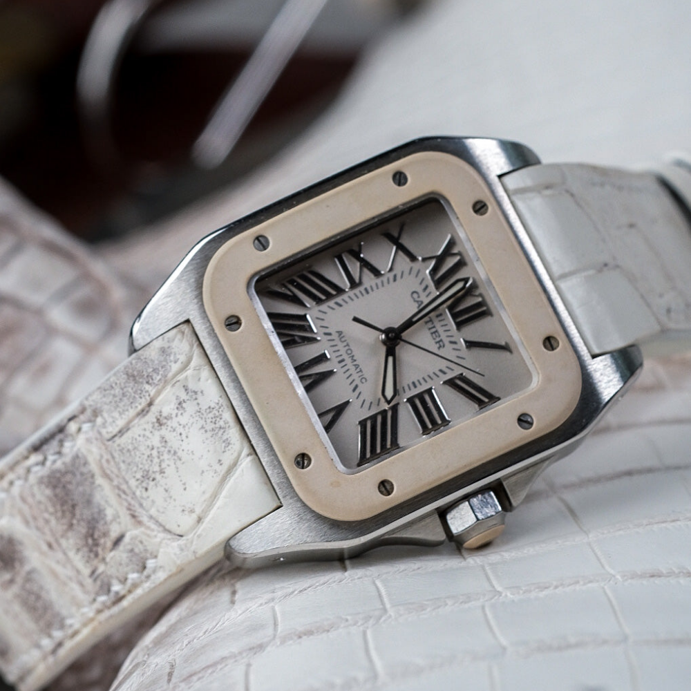Alligator Leather Strap for Cartier Santos 100 Push Button Clasp