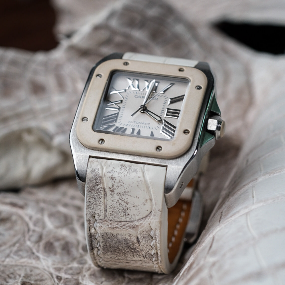 Alligator Leather Strap for Cartier Santos 100 Push Button Clasp