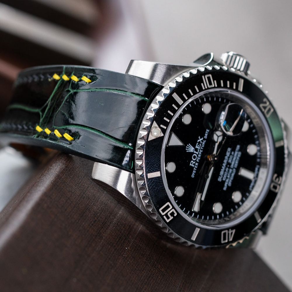 Alligator Leather Strap for Rolex Submariner Deployant Clasp