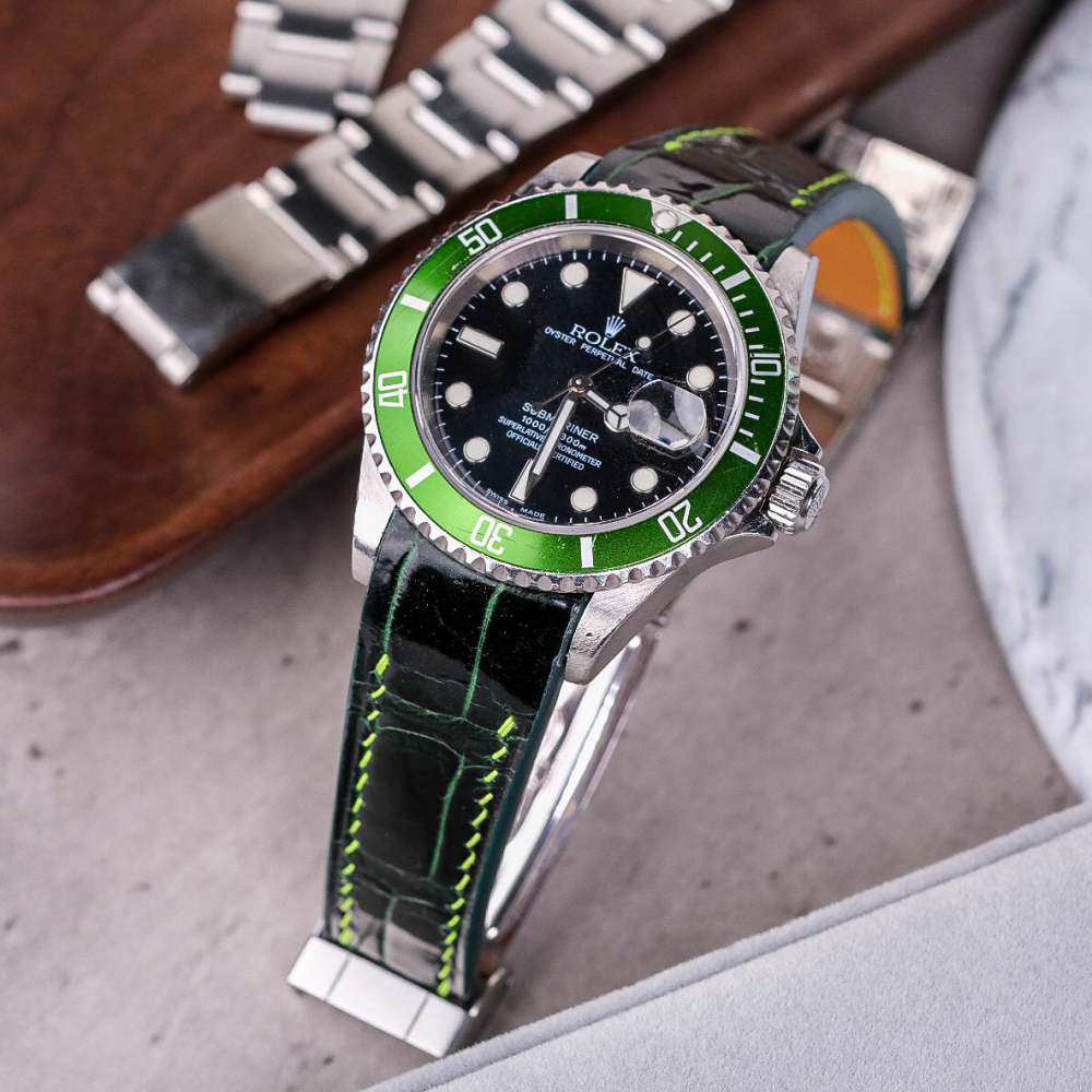 Alligator Leather Strap for Rolex Submariner Deployant Clasp