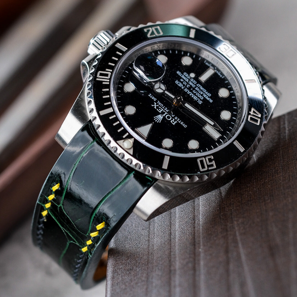 Alligator Leather Strap for Rolex Submariner Deployant Clasp