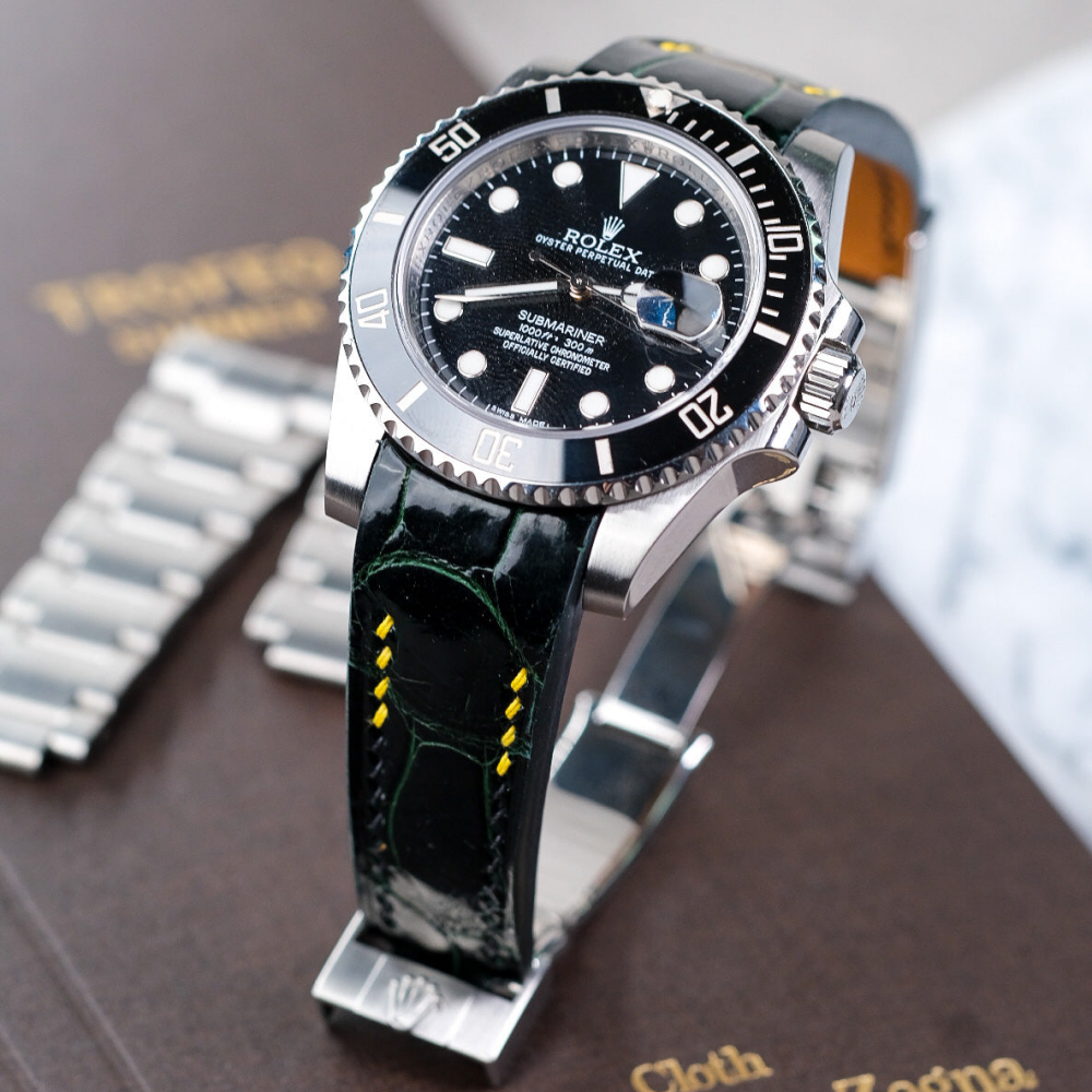 Alligator Leather Strap for Rolex Submariner Deployant Clasp