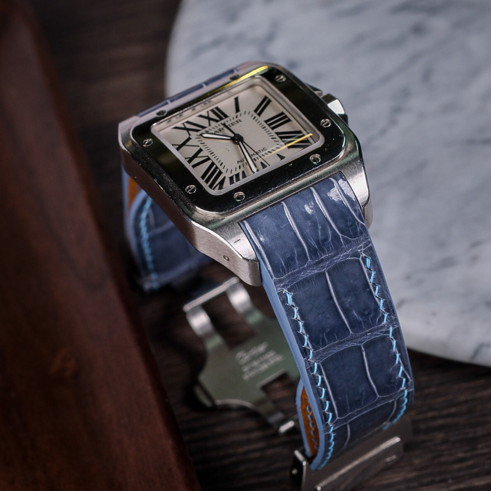 Alligator Leather Strap for Cartier Santos 100 Push Button Clasp