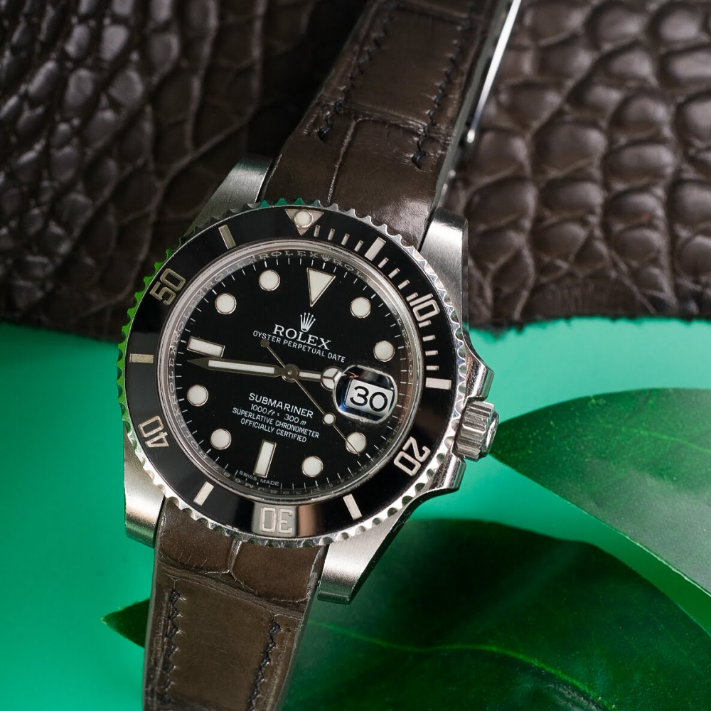 Alligator Leather Strap for Rolex Submariner Deployant Clasp