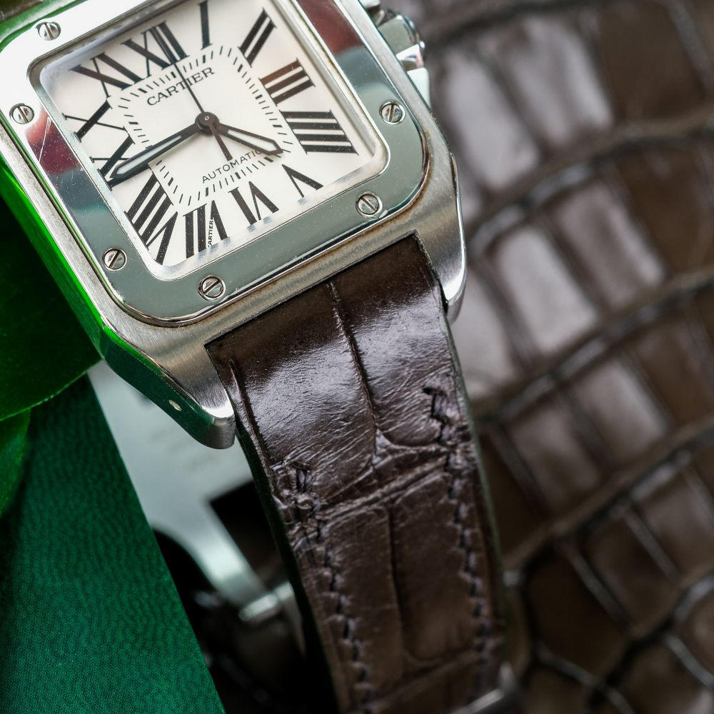 Alligator Leather Strap for Cartier Santos 100 Push Button Clasp