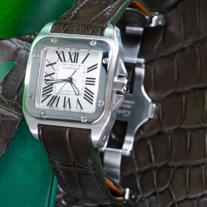 Alligator Leather Strap for Cartier Santos 100 Push Button Clasp