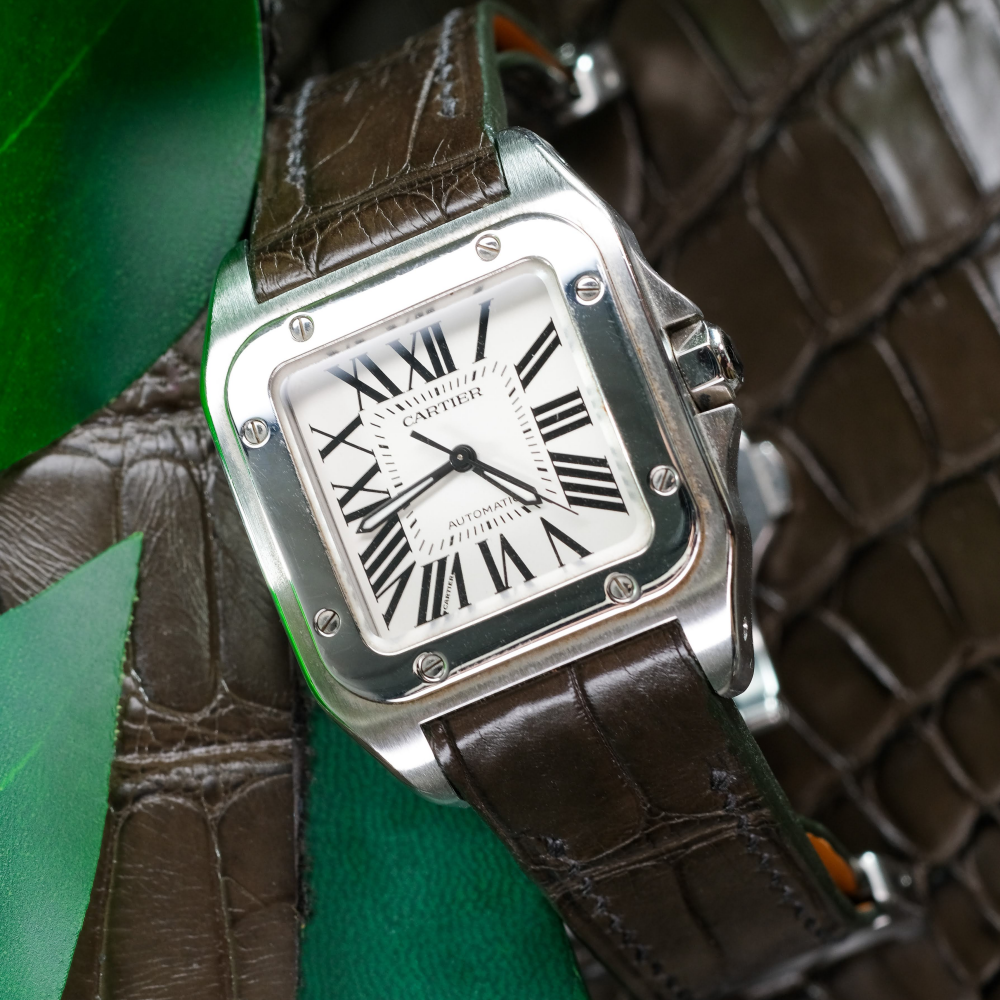 Alligator Leather Strap for Cartier Santos 100 Push Button Clasp