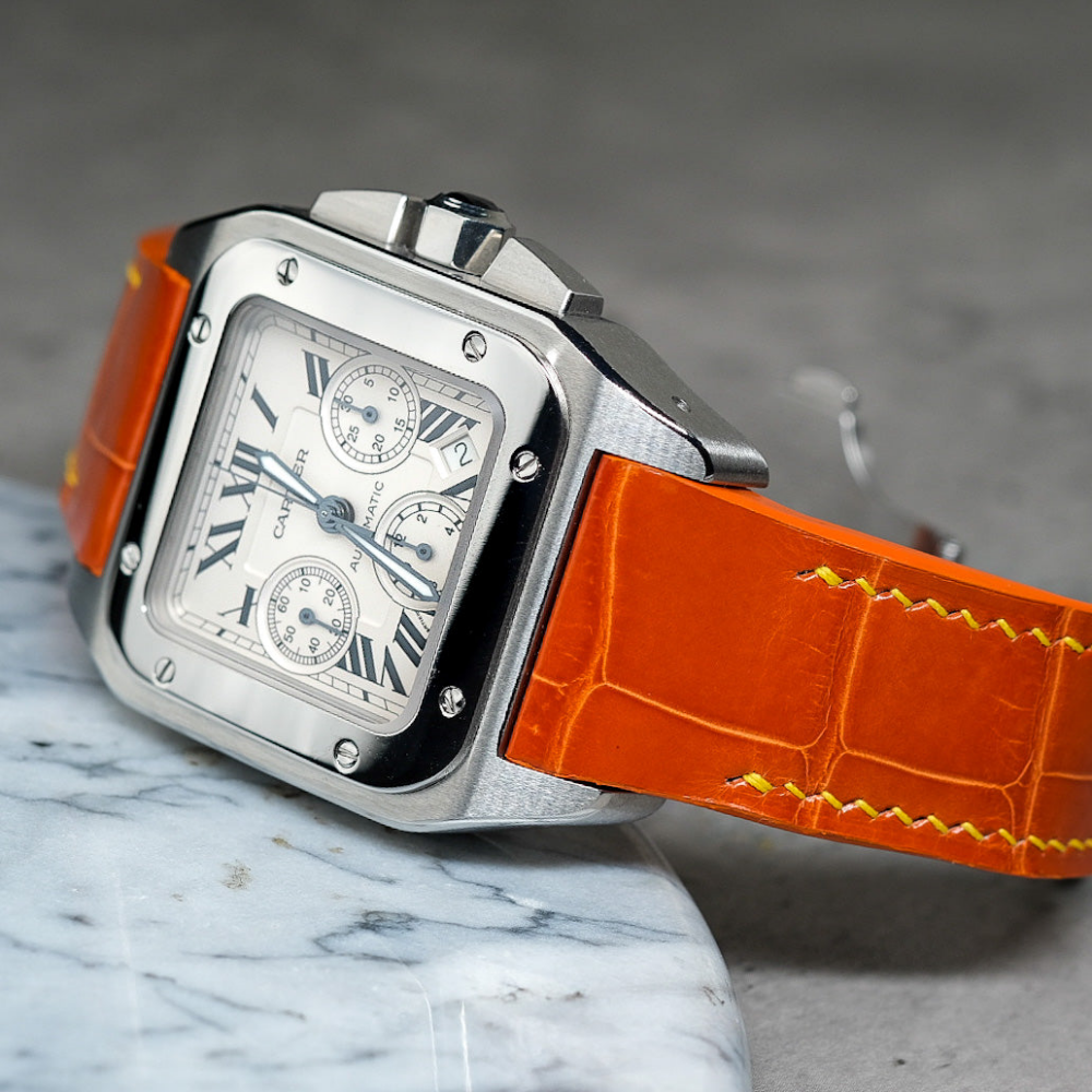 Alligator Leather Strap for Cartier Santos 100 Push Button Clasp