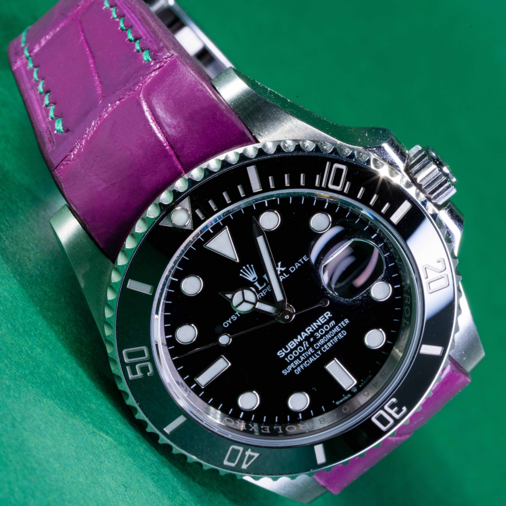 Alligator Leather Strap for Rolex Submariner Deployant Clasp