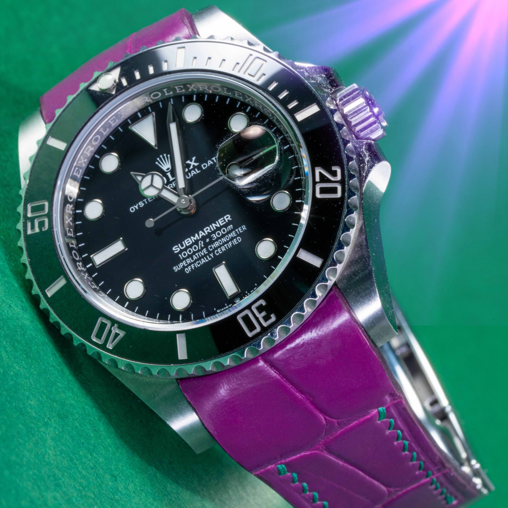 Alligator Leather Strap for Rolex Submariner Deployant Clasp